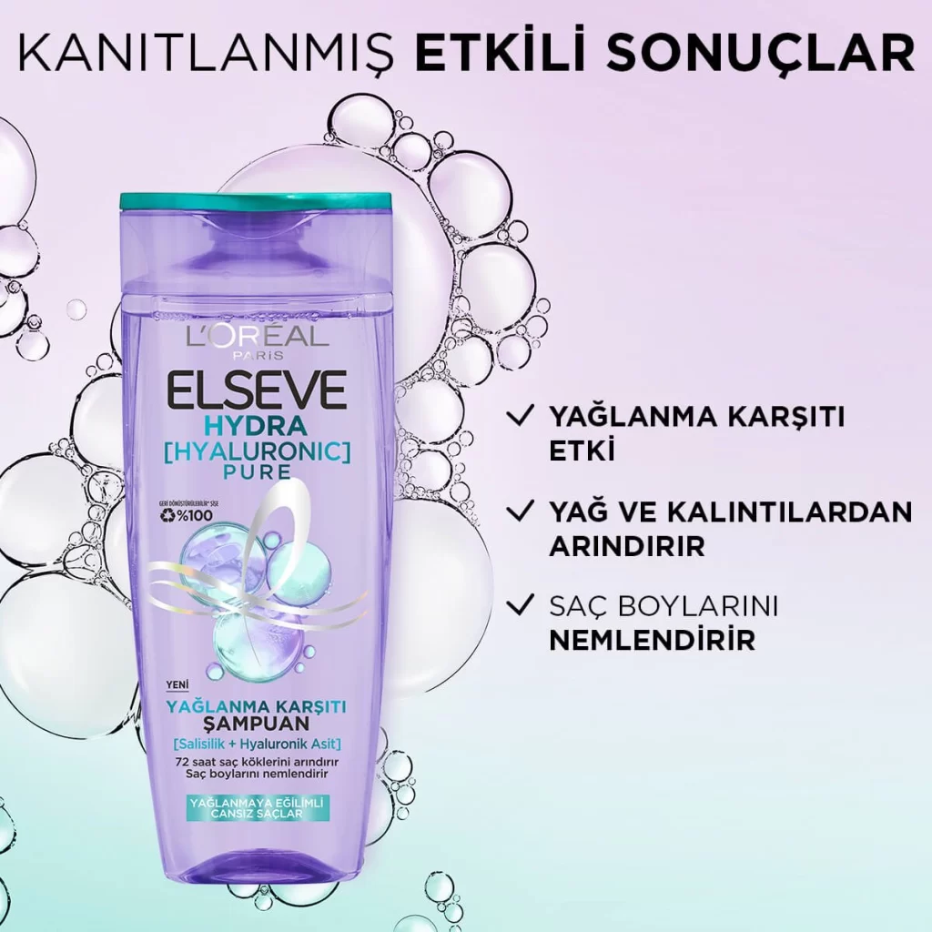 شامپو مو لورال Loreal بنفش مدل Hydra Hyaluronic Pure حاوی هیالورونیک اسید و سالیسیلک اسید، حجم 300ML - Image 2